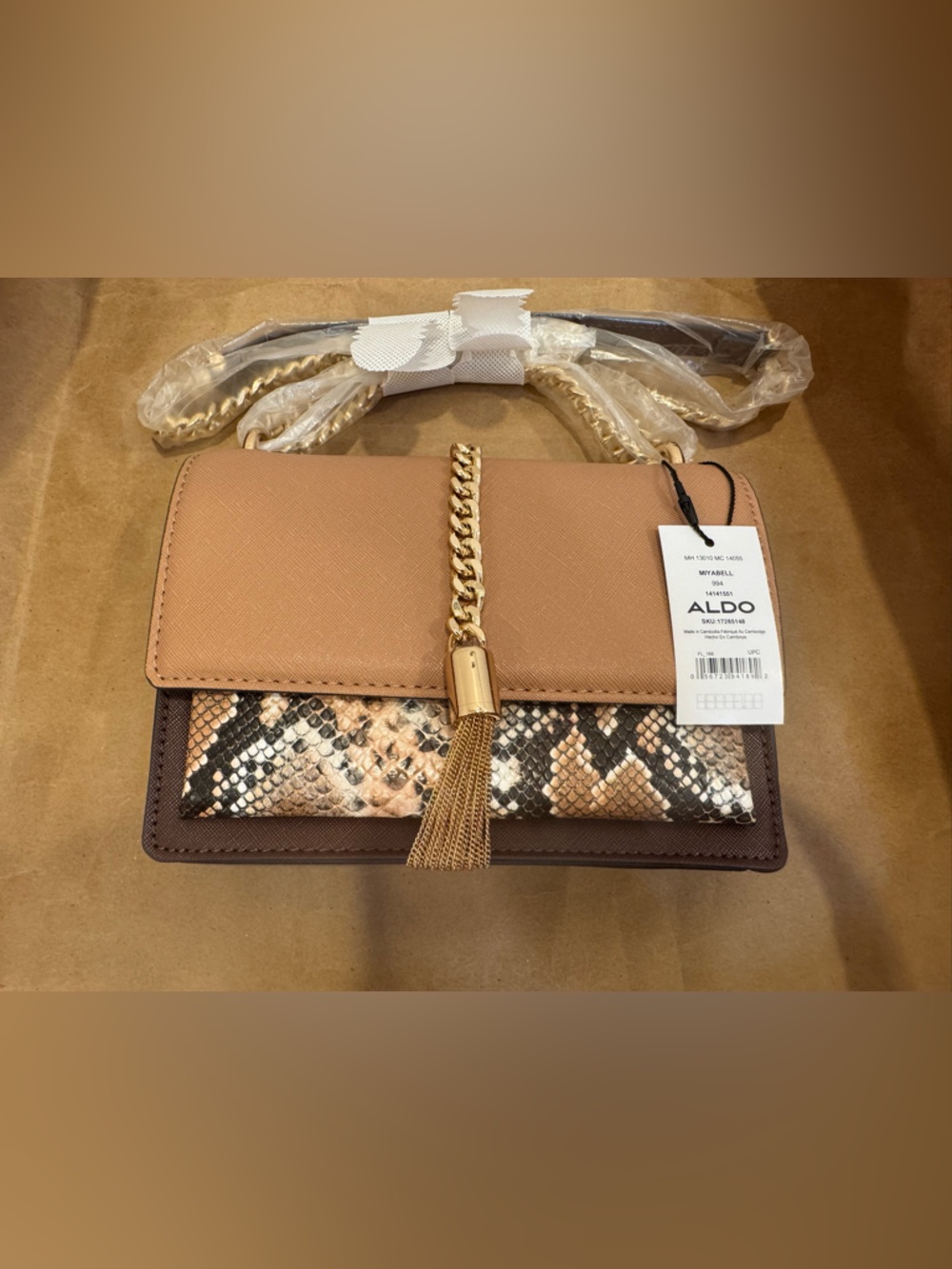 ALDO Tan & Brown Snake-Print Tassel Handbag